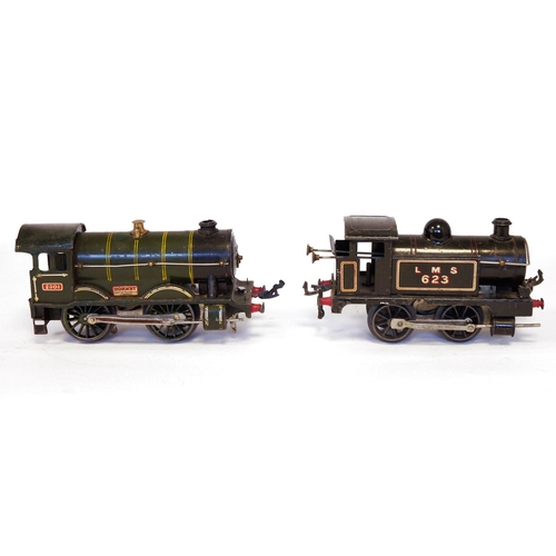 422 - Hornby 0 gauge clockwork 0-4-0 tank locomotive LMS 623 together with Hornby 0 gauge clockwork 0-4-0 ... 