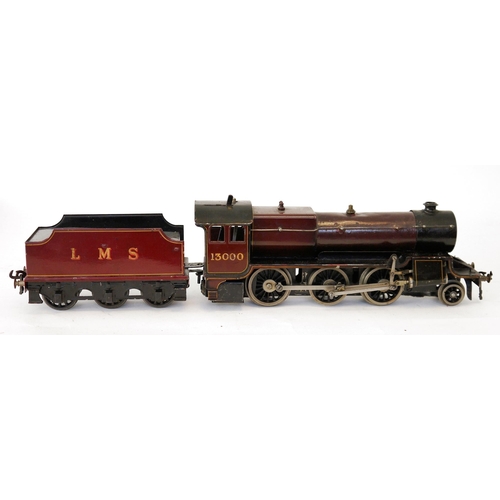 428 - Bassett-Lowke O gauge 2-6-0 live steam locomotive no.13000 with six wheel LMS tender in maroon liver... 