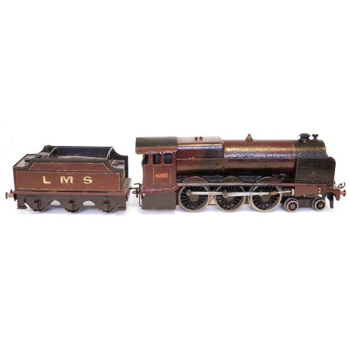 430 - Possibly Bassett-Lowke O gauge 4-6-0 live steam locomotive no.6301 with six wheel Bassett-Lowke LMS ... 