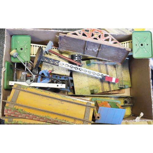 440 - One box of Hornby and other railway accessories to include a Bing tin plate train indicator (missing... 