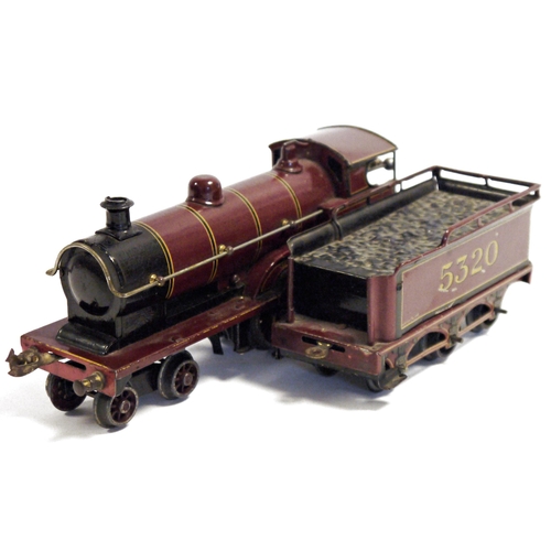 452 - Bassett Lowke 'O' gauge clockwork 4-4-0 steam locomotive, maroon marked George the Fifth with LMS ba... 