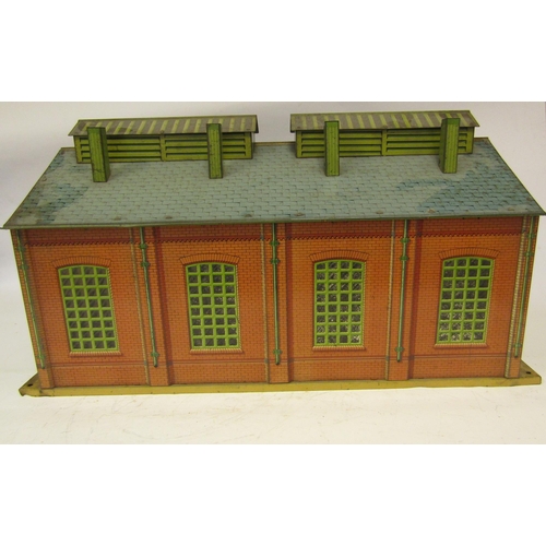 459 - Hornby 0 Gauge No 2 engine shed, with yellow ridge tiles, 8 chimneys/vents, green base, printed inne... 