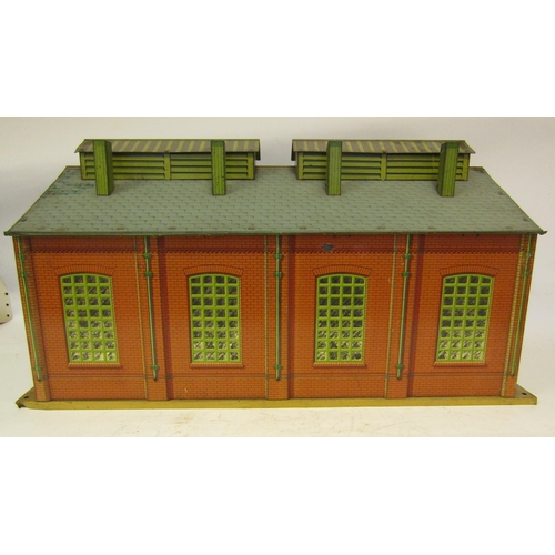 459 - Hornby 0 Gauge No 2 engine shed, with yellow ridge tiles, 8 chimneys/vents, green base, printed inne... 