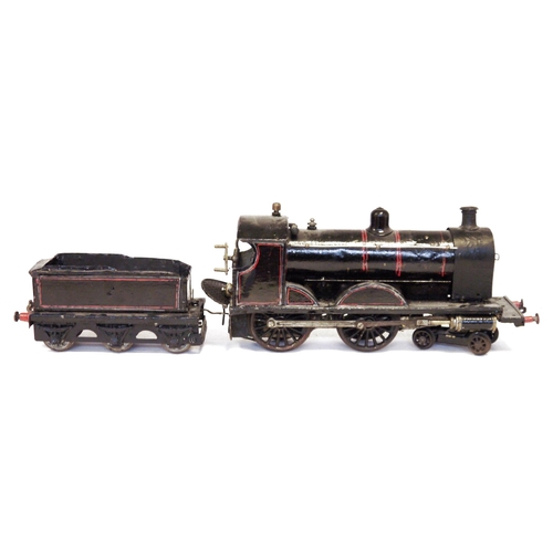 472 - Gauge 1 4-4-0 live steam locomotive with six wheel tender black and red lined livery (appears repain... 