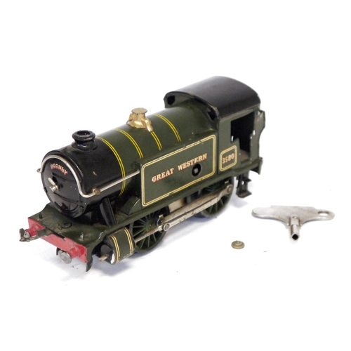 476 - Hornby O gauge 0-4-0 tank locomotive, Great Western No3580 with green and yellow double lined livery