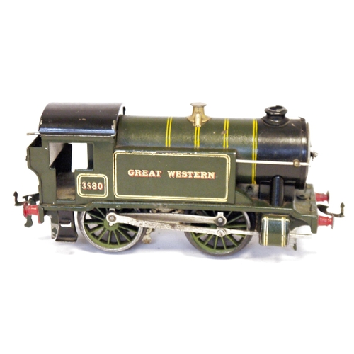 476 - Hornby O gauge 0-4-0 tank locomotive, Great Western No3580 with green and yellow double lined livery