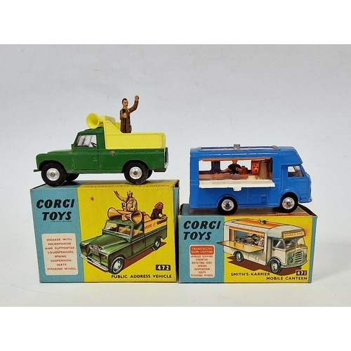 489 - Corgi Toys 471 Smiths-Karrier mobile canteen together with 472 public address vehicle (missing femal... 