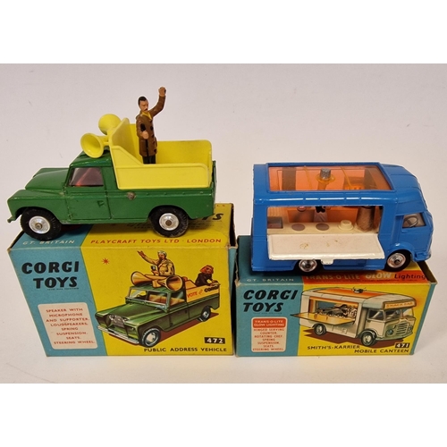 489 - Corgi Toys 471 Smiths-Karrier mobile canteen together with 472 public address vehicle (missing femal... 