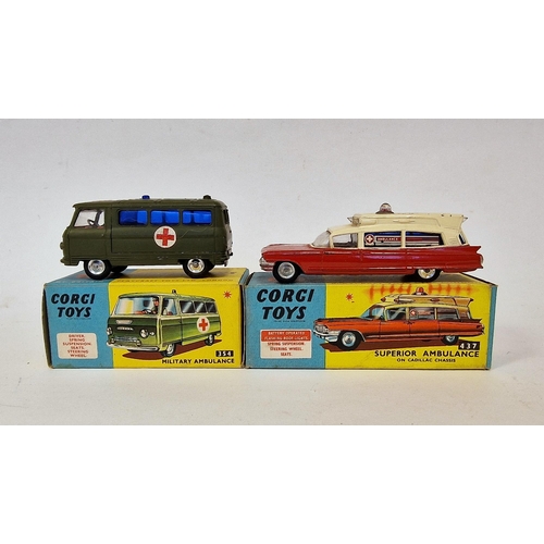 490 - Two boxed Corgi Toys to include 437 Superior ambulance on Cadillac chassis together with 354 militar... 