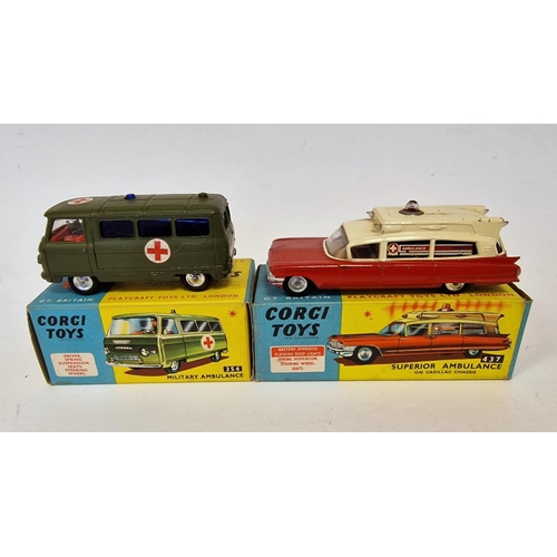 490 - Two boxed Corgi Toys to include 437 Superior ambulance on Cadillac chassis together with 354 militar... 