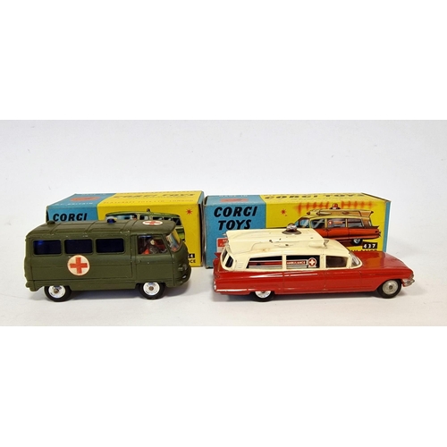 490 - Two boxed Corgi Toys to include 437 Superior ambulance on Cadillac chassis together with 354 militar... 