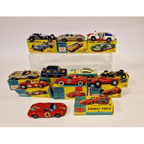 497 - Quantity of playworn Corgi Toys with boxes (flap cut) to include 2 X 312 'E' Type Jaguar competition... 