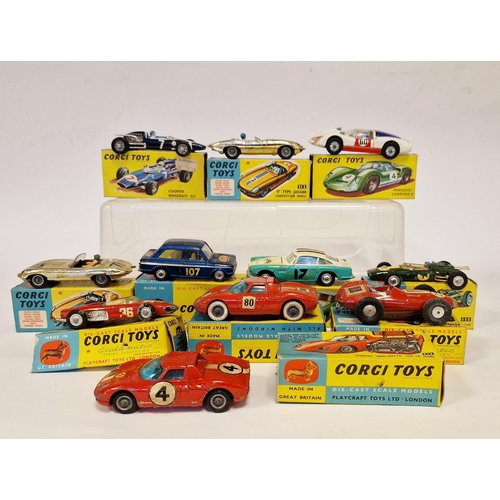 497 - Quantity of playworn Corgi Toys with boxes (flap cut) to include 2 X 312 'E' Type Jaguar competition... 