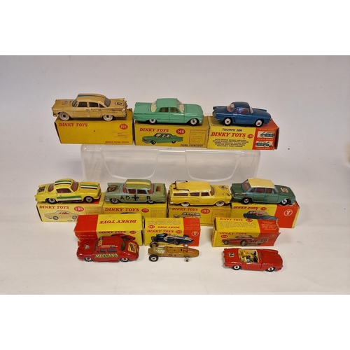 501 - Quantity of playworn Dinky Toys with boxes (flap cut) to include 2 X 135 Triumph 2000, 191 Dodge Roy... 