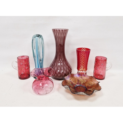 62 - Collection of coloured glassware, including a pair of late Victorian cranberry glass mugs engraved a... 