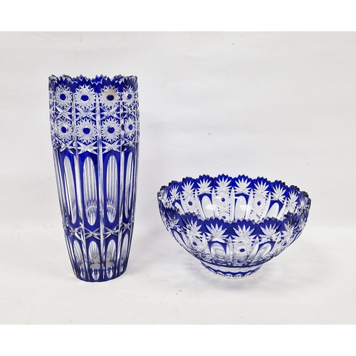 63 - 20th century Bohemian blue flashed and engraved bowl, 24cm, and a tapering vase, height 31.5 cm, eac... 