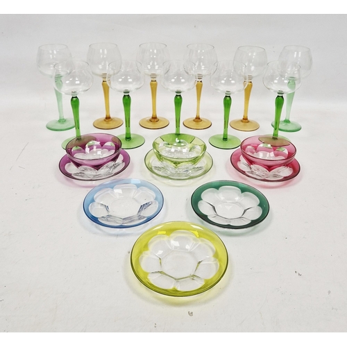 65 - LOT WITHDRAWN
 Eleven 20th century coloured hock glasses, with coloured baluster stems in green and ... 