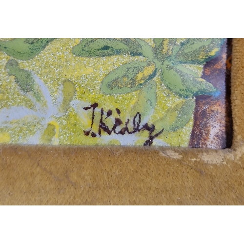 348A - Three enamel on copper pictures, one signed Reichenbach, the other signed J. Kiely and two oil on bo... 