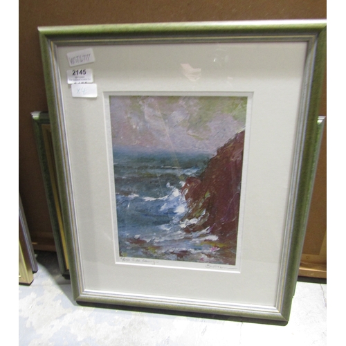 1290 - Framed print , indistinctly signed in the print,  'Tide Coming In'  and three textile collages, all ... 