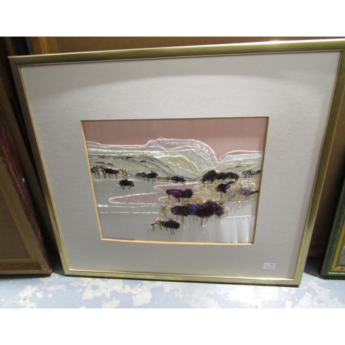 1290 - Framed print , indistinctly signed in the print,  'Tide Coming In'  and three textile collages, all ... 