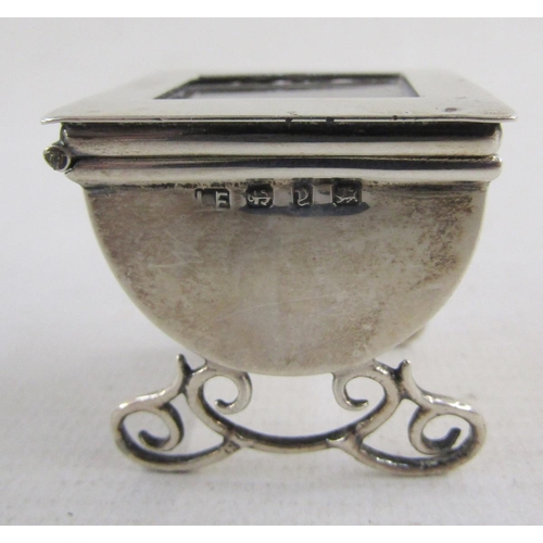 100 - Victorian silver stamp box, glass, with hinged lid, curved body on scroll supports , 3.5 sq x 3.5 h ... 