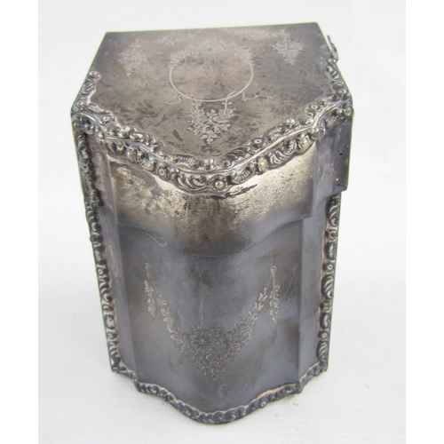 103 - Edwardian silver mounted, leather covered stationery box, with sloping front, ribbon and floral chas... 