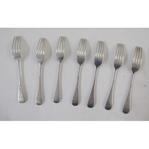 12A - Set of seven late Victorian silver dessert forks, old English pattern handles, hallmarked London 190... 