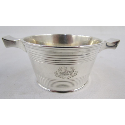 122 - George V Silver engraved armorial mustard pot and two salt cellars, each of cylindrical form with re... 