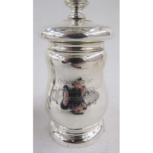 123 - Pair of 20th century silver armorial salt and pepper grinders, each of baluster form, engraved with ... 