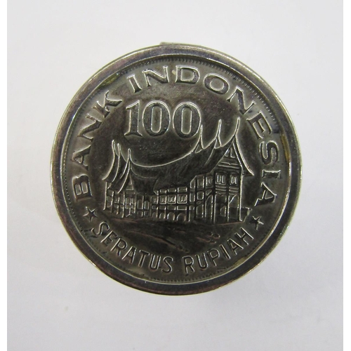 150A - Three Indonesian coin mounted boxes, each 100 Rupiah coin mounted within a sterling silver pill box,... 