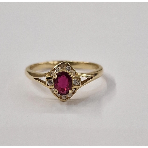 164 - 14ct gold ruby and white stone ring, set oval ruby surrounded by small diamonds in elliptical settin... 