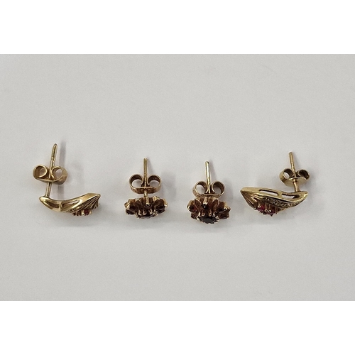 165B - Pair 9ct gold earrings set with pink stones, possibly rubies, and another pair set with garnets