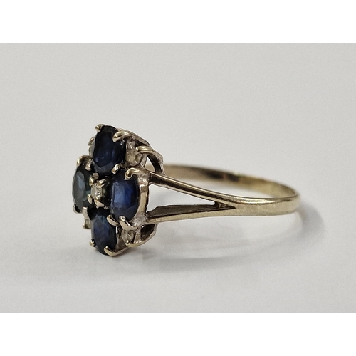 165 - 9ct gold sapphire and diamond ring, set four oval sapphires and small diamonds size Q1/4