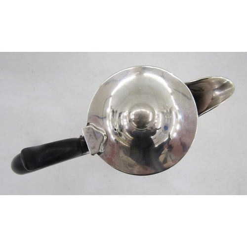 2 - 1920's silver hot water jug with ball finial, ebonised scroll handle, tapered on circular foot, Shef... 