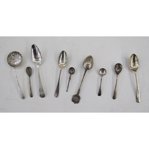 21 - Three various silver teaspoons, a silver sugar sifting spoon, a pair of Irish Victorian silver aspar... 