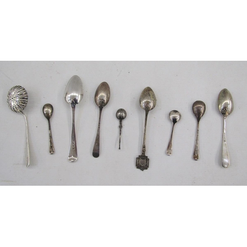 21 - Three various silver teaspoons, a silver sugar sifting spoon, a pair of Irish Victorian silver aspar... 