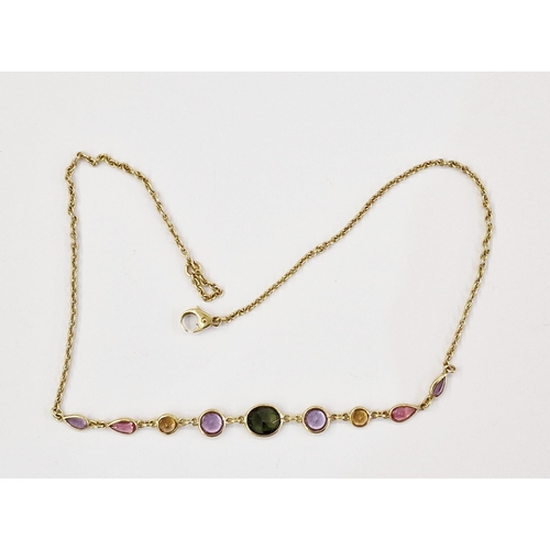 214A - 9ct gold gem set necklace set with central green stone, four purple, two yellow and two pink stones,... 