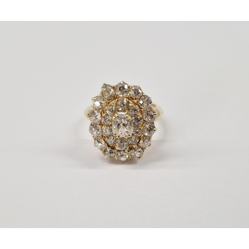 215 - 18ct gold and diamond large cluster ring, having all old cut diamonds, the central cushion shape sto... 