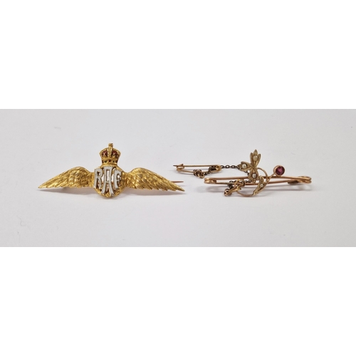 226 - 15ct gold and enamelled R.A.F. winged brooch and gold coloured metal seed pearl and amethyst coloure... 