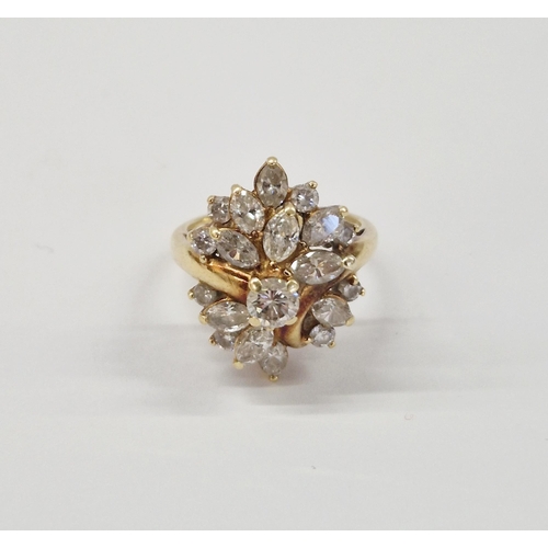 234 - Gold and diamond cluster ring, set various brilliant and marquise-shaped diamonds, size M-N