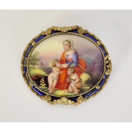 236 - Antique gilt metal and porcelain brooch, having large oval porcelain plaque depicting the Virgin Mar... 