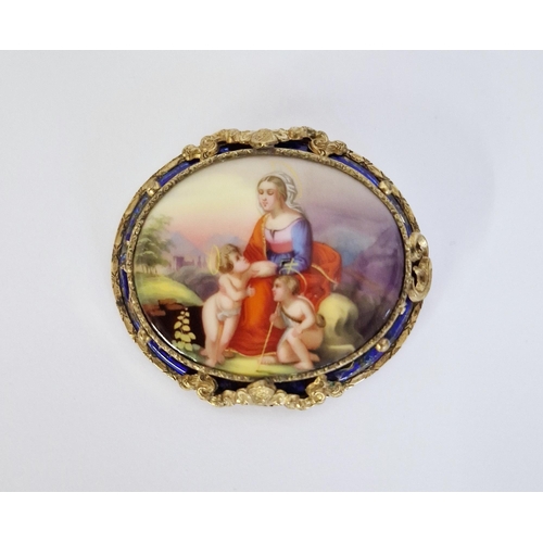 236 - Antique gilt metal and porcelain brooch, having large oval porcelain plaque depicting the Virgin Mar... 