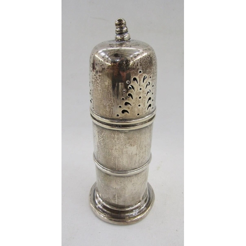 24 - Edwardian silver sugar caster, the domed top with finial, cylindrical body, 16cm high (with slight d... 