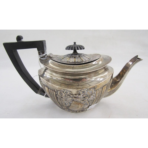 26 - Victorian silver teapot, oval with gadrooned ebonised finial and angular handle, the oval shouldered... 