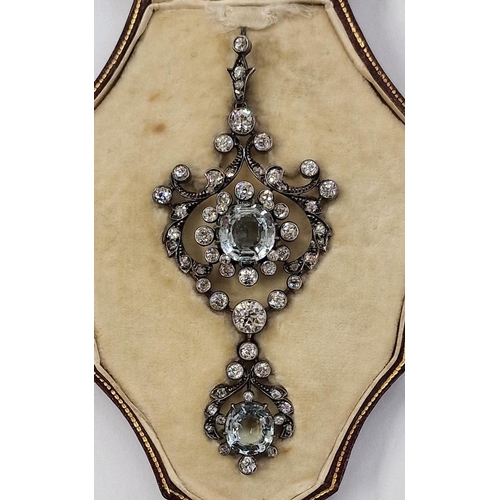 285 - Victorian aquamarine and diamond pendant, cushion shaped aquamarine and diamonds in openwork foliate... 