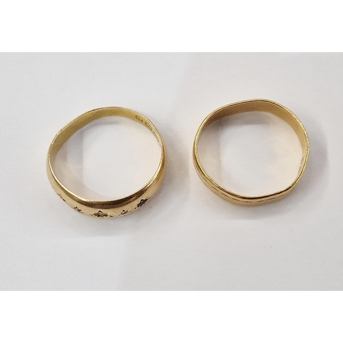 289 - 18ct gold ring (worn and stones missing) size N1/2  and a 22ct gold wedding ring (worn) size M1/2, t... 