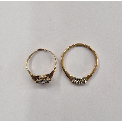 295 - 18ct gold ring set two white stones size P (one missing), and another 18ct gold ring set diamond flo... 