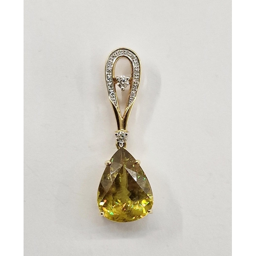 298 - 18ct gold, green stone and diamond pendant/brooch, the pierced teardrop loop set with border of smal... 