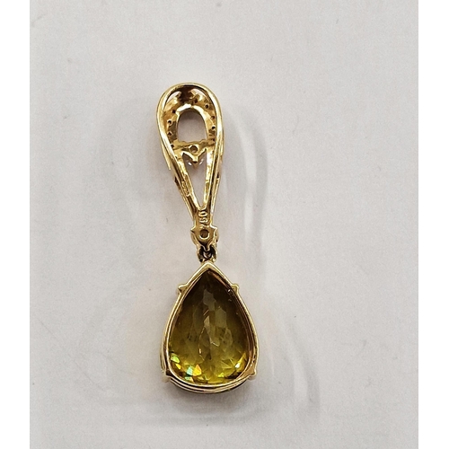 298 - 18ct gold, green stone and diamond pendant/brooch, the pierced teardrop loop set with border of smal... 