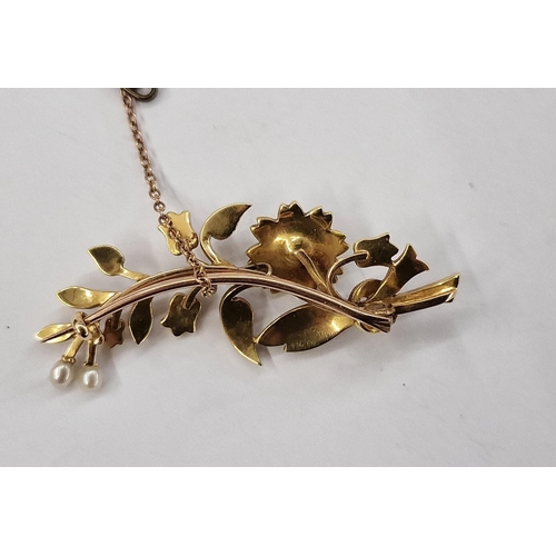 314 - Victorian gold-coloured metal and seedpearl floral spray brooch